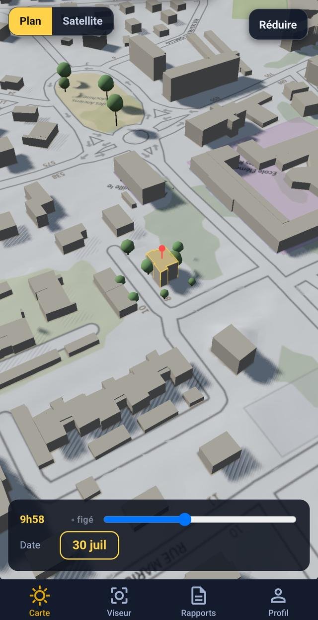 Écran de l’application : vue en trois dimensions d’un quartier, ombres portées des bâtiments et des arbres, curseur d’heure en bas.