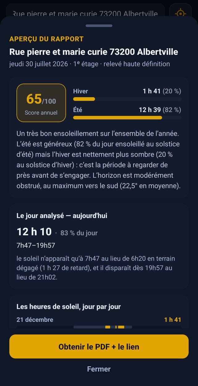 Écran de l’application : aperçu du rapport, avec le score annuel, les barres hiver et été, et le texte de synthèse.